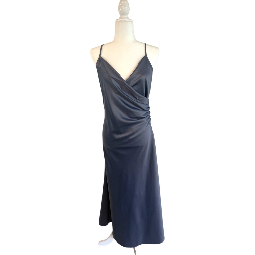 NWT Commense Satin Maxi Dress S Gray Ruched Wrap Cowl Neck Cocktail Chic Minimal